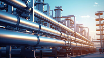 Pipeline and pipe rack of petroleum, chemical, hydrogen or ammonia industrial plant. Industrial zone Close up.