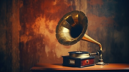Retro-design gramophone from the 1960s in a grunge room. Music blaster. - obrazy, fototapety, plakaty