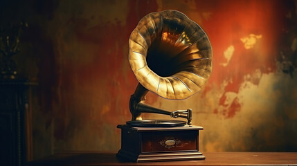 Retro-design gramophone from the 1960s in a grunge room. Music blaster. - obrazy, fototapety, plakaty