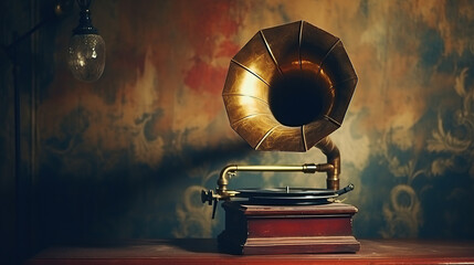 Retro-design gramophone from the 1960s in a grunge room. Music blaster. - obrazy, fototapety, plakaty