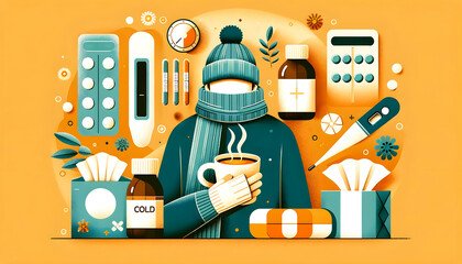 A Person Battling the Flu in Winter with a Warm Cup of Coffee in a Medical Environment, Vector Illustration, Knolling - obrazy, fototapety, plakaty