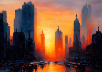 Sunset of the city, An oil painting art. Cityscape oil painting artwork. Warm tones at sunset, with a view of the sun and skyscrapers.