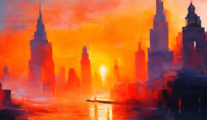 Sunset of the city, An oil painting art. Cityscape oil painting artwork. Warm tones at sunset, with a view of the sun and skyscrapers.