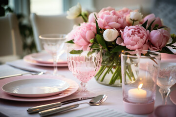 Pink romantic table setting, pink peonies and accessories, Valentine's day dinner