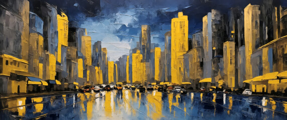 An oil painting of cityscape artwork, night at the city. Oil painting brushes. With skyscrapers like movie. Can be used as background or wallpaper. With blue and yellow colors.