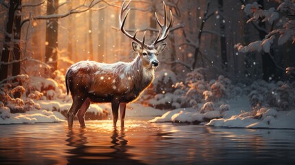 Deer in the Enchanting Snowy Forest. Majestic Winter Wildlife