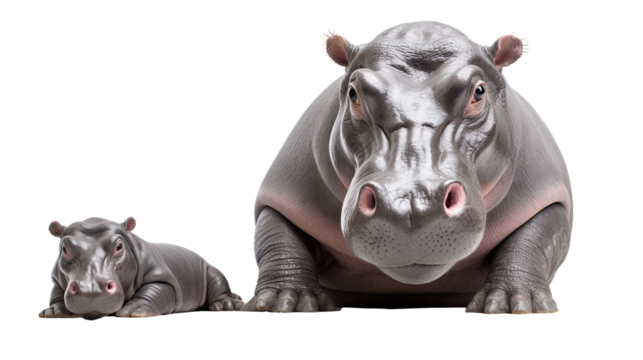 Adult hippopotamus with a hippo calf, cut out