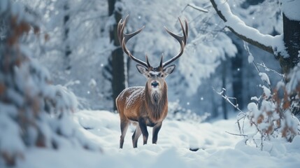 Naklejka na ściany i meble Deer in the Enchanting Snowy Forest. Majestic Winter Wildlife