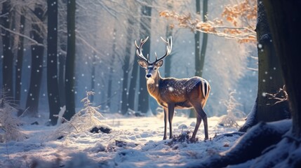 Deer in the Enchanting Snowy Forest. Majestic Winter Wildlife