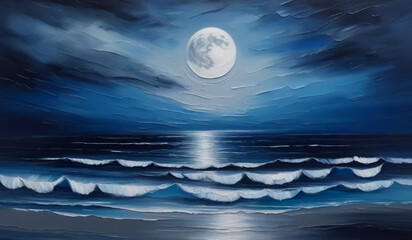 Digital artwork, landscape oil painting of seascape at night, blue tones of the night and clouds. Sea and moon. Can be used as background or wallpaper.