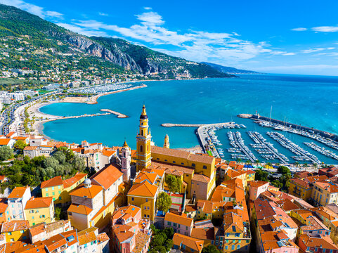 View of Menton, a town on the French Riviera in southeast France known for beaches and the Serre de la Madone garden