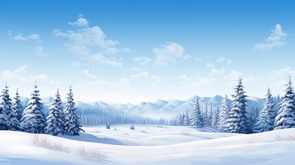 Serene winter landscape with snow-covered trees and mountains in the distance. Peaceful winter wonderland illustration perfect for a festive holiday background.