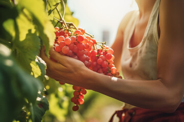 Close up hands of young woman farmer pickup from red grapes on a vine against in background of orchard and sun shining. Agricultural concept of production and industry. - obrazy, fototapety, plakaty