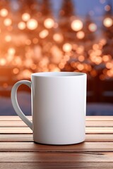 Fototapeta premium Warm holiday mockup of a white mug on a wooden table with golden bokeh lights. Simple and cozy white mug ready for custom design, set against a backdrop of warm holiday lights.