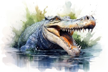 Obraz premium watercolor Crocodile, alligator tropical animal drawing by watercolor