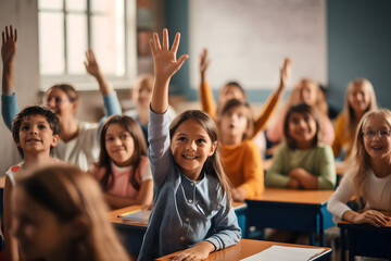 Young students raising hands in classroom with teacher in front of class