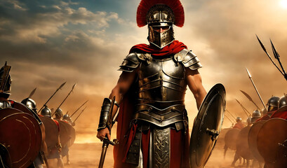 roman legionary commander warrior holding sword and shield. spartan hero soldier in golden armor, red cloak and helmet, holding spear and shield on burning battlefield background. Generative ai - obrazy, fototapety, plakaty