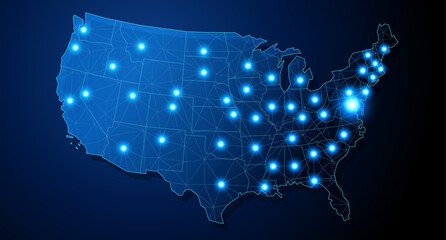 USA - country shape with lines connecting major cities