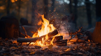 A close-up of a flickering bonfire in a forest, creating a cozy atmosphere for storytelling or camping streams.