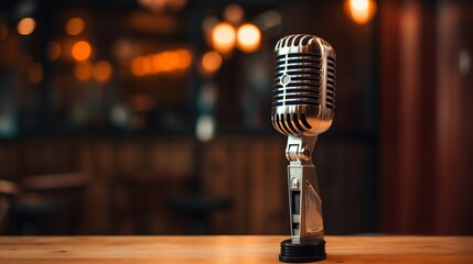 A close-up of a vintage microphone on a wooden table, setting the stage for music or podcast streams. - obrazy, fototapety, plakaty