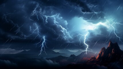 A dramatic thunderstorm with lightning bolts striking the night sky, suitable for horror or intense gaming streams. - obrazy, fototapety, plakaty