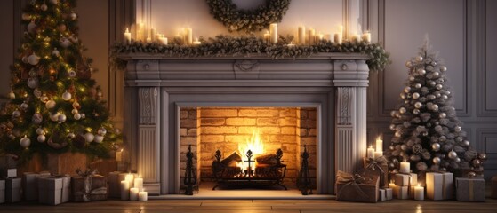 Warm Winter Vibes. Fireplace with Christmas Decorations in a Cozy Home Interior