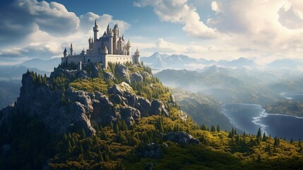 An epic fantasy castle perched on a mountaintop, suitable for medieval or fantasy-themed streams. - obrazy, fototapety, plakaty