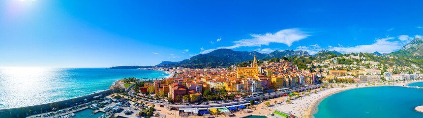 Fototapeta na wymiar View of Menton, a town on the French Riviera in southeast France known for beaches and the Serre de la Madone garden