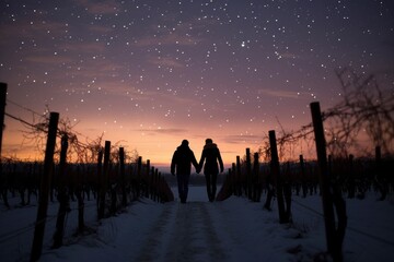 couple taking a romantic evening walk in a snow-covered vineyard, with rows of grapevines and a starry sky