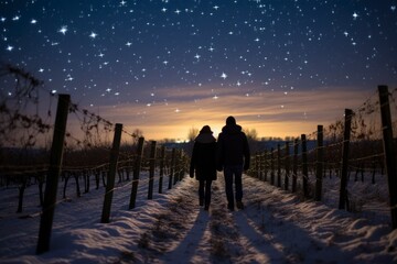 couple taking a romantic evening walk in a snow-covered vineyard, with rows of grapevines and a starry sky