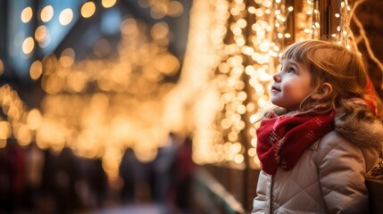 little girl in a reindeer costume, gazing in awe at a Christmas market with sparkling lights and decorations
