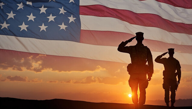 Silhouettes of soldiers saluting on background of sunset or sunrise and USA flag