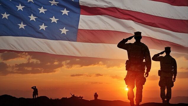 Silhouettes of soldiers saluting on background of sunset or sunrise and USA flag