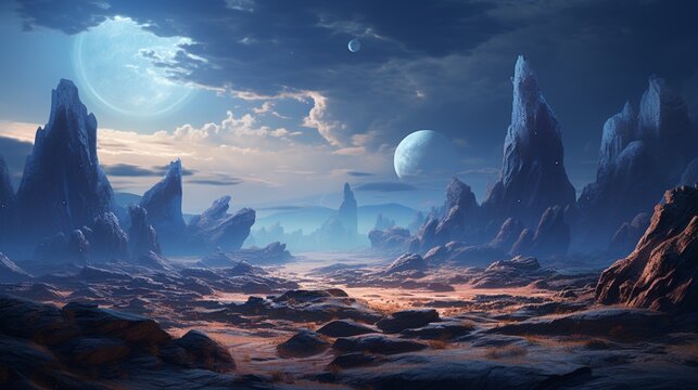 A vast, alien landscape with bizarre rock formations and an otherworldly sky, a captivating backdrop for sci-fi exploration streams.