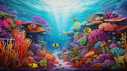 An underwater coral reef teeming with vibrant marine life, a unique background for ocean...