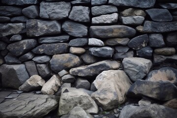 Fototapeta na wymiar Dark masonry wall texture. Black stones and rocks of different shape, gray background. Generative AI