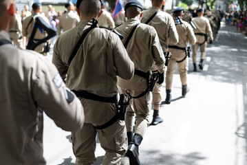 Bahia military police soldiers are seen during a tribute to Brazilian Independence Day in the city of Salvador, Brazil - obrazy, fototapety, plakaty