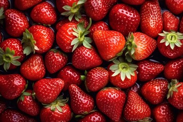 Red ripe strawberries background. Close up, top view. Generative AI