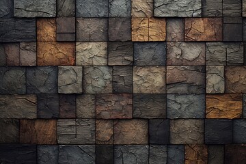 gray, black, gold brick wall, close-up, cypress masonry in the interior. Generative AI