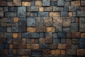 Old black, gray, gold stone wall textured background. Generative AI