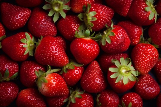 A group of fresh strawberries background. Close up, top view. Fruit and healthy food concept. Generative AI