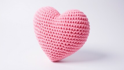 pink knitted heart on white background. Top view with copy space.
