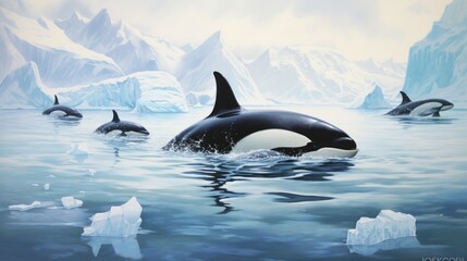 Pod of Orcas Swimming Near Ice Formations in Polar Region - obrazy, fototapety, plakaty