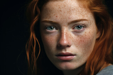Fototapeta premium portrait on black background, beautiful girl with emotional freckles, photorealistic + hyperrealistic
