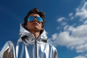 Stylish Man in a Shiny Silver Jacket and Sunglasses in a Sky Blue Generative AI