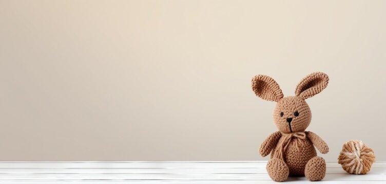 Cute knitted toy rabbit on white wood table and pastel color wall background with copy space. Easter concept.