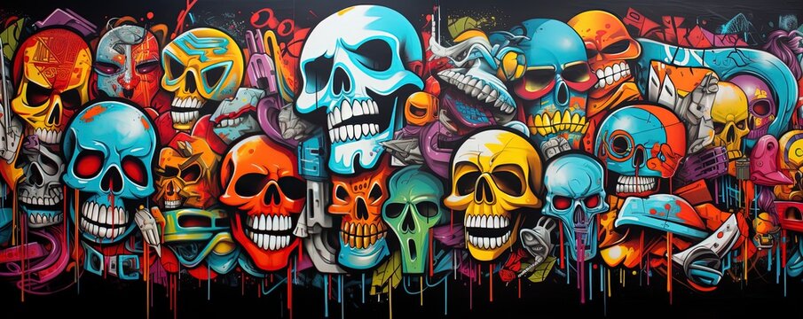 Fototapeta abstract graffiti illustration, street art design, Skulls paint on wall bright tone color, punk and funk background wallpaper, Generative Ai