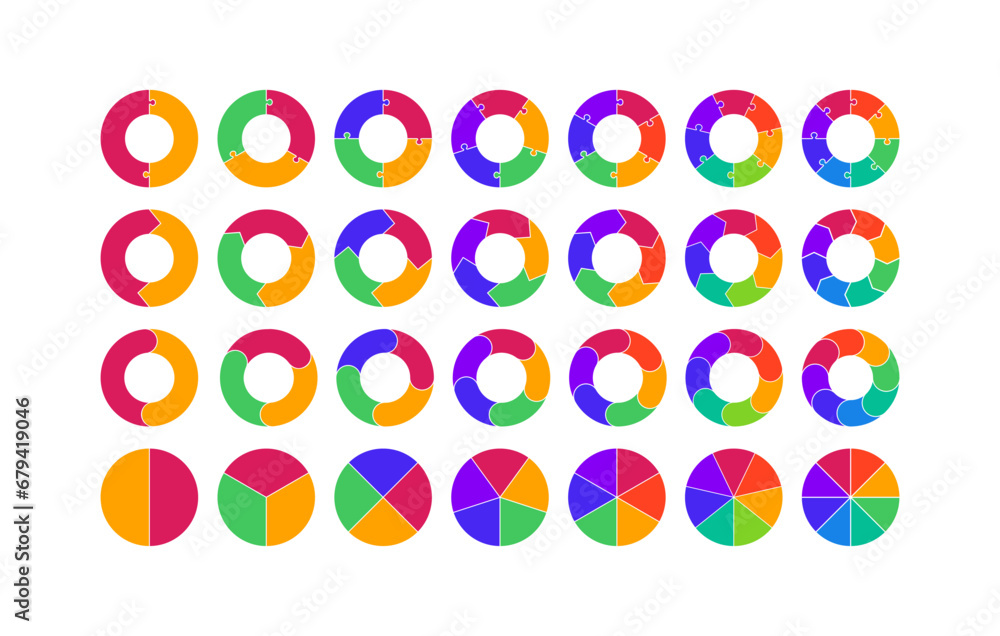 Poster circle color pie chart set. vector flat process cycle diagrams. infographic collection with 2,3,4,5,