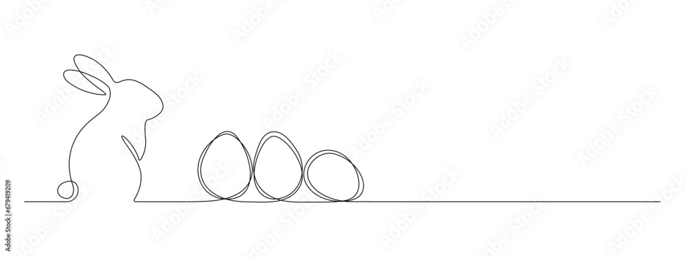 Leinwandbilder one continuous line drawing of easter eggs and rabbit. greeting banner design with bunny and ears in