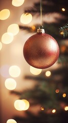 Obraz premium Christmas ornament hanging on a tree, with lights softly glowing in the background